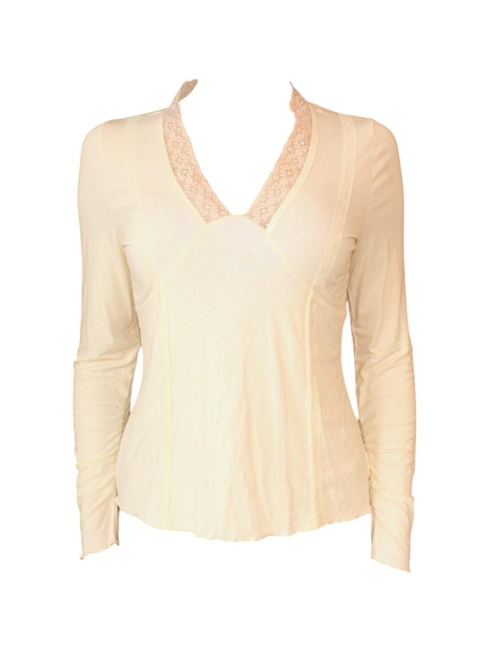 Ivory low-cut v-neck lace trim long sleeve fairy top